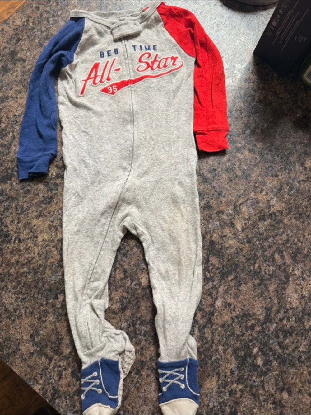 Carter's Grey Footed One-Piece with Red and Blue Sleeves